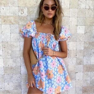 Chic Floral Mini Dress in Blue and Pink